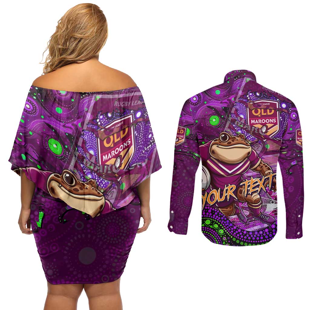 Personalised Mascot Queensland Maroons Rugby Couples Matching Off Shoulder Short Dress and Long Sleeve Button Shirt Aboriginal Galaxy