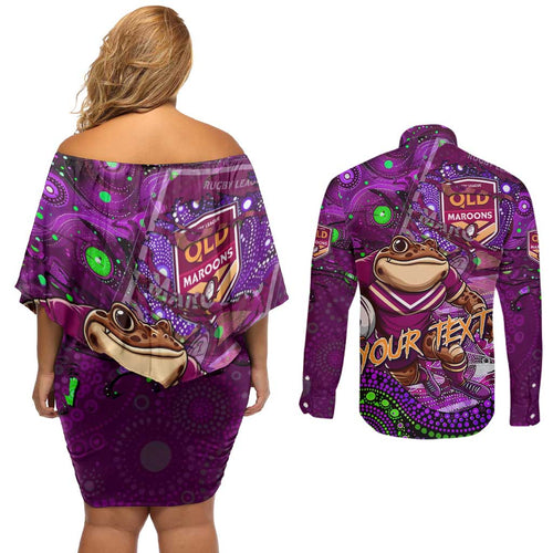 Personalised Mascot Queensland Maroons Rugby Couples Matching Off Shoulder Short Dress and Long Sleeve Button Shirt Aboriginal Galaxy