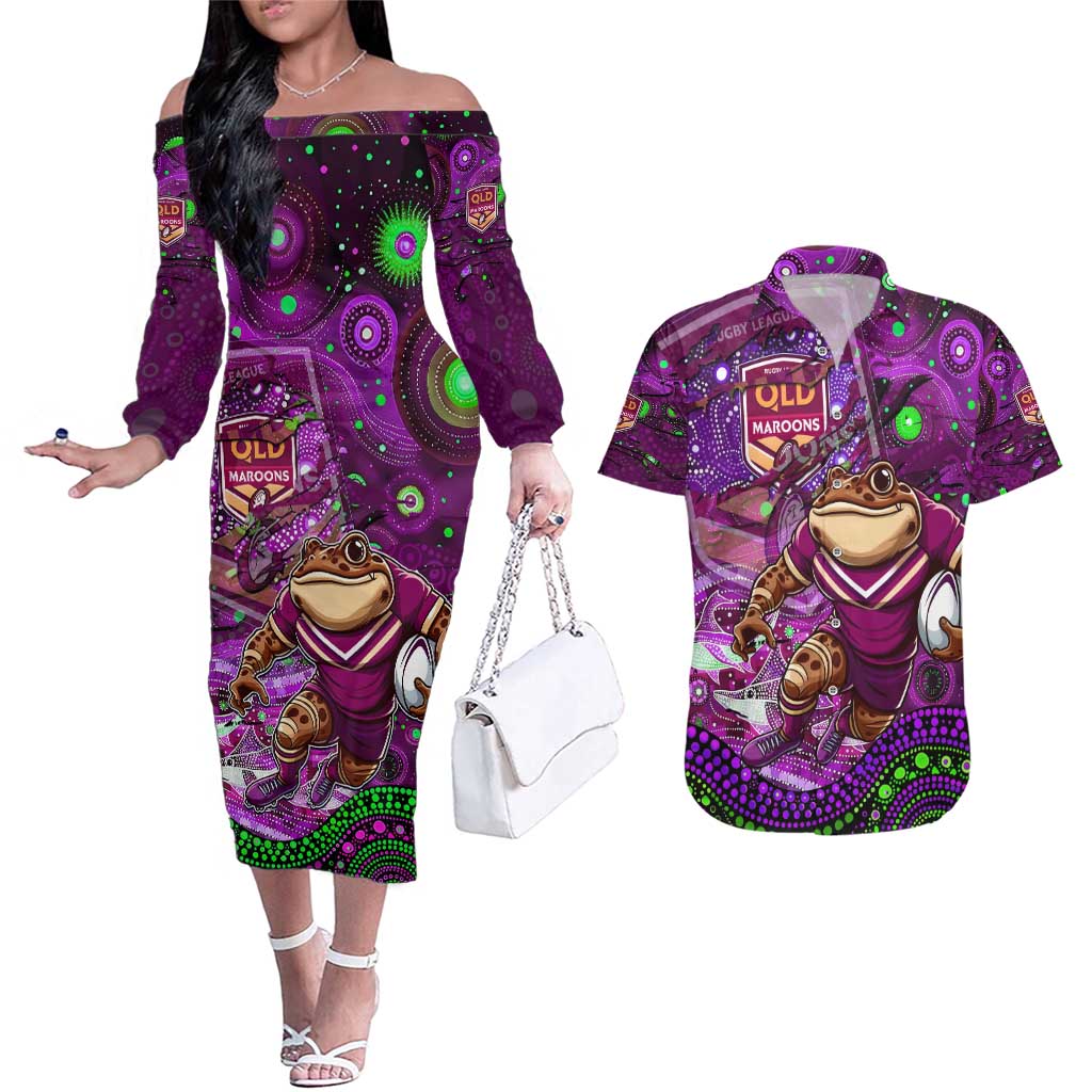 Personalised Mascot Queensland Maroons Rugby Couples Matching Off The Shoulder Long Sleeve Dress and Hawaiian Shirt Aboriginal Galaxy