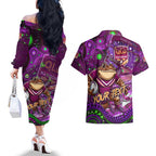 Personalised Mascot Queensland Maroons Rugby Couples Matching Off The Shoulder Long Sleeve Dress and Hawaiian Shirt Aboriginal Galaxy
