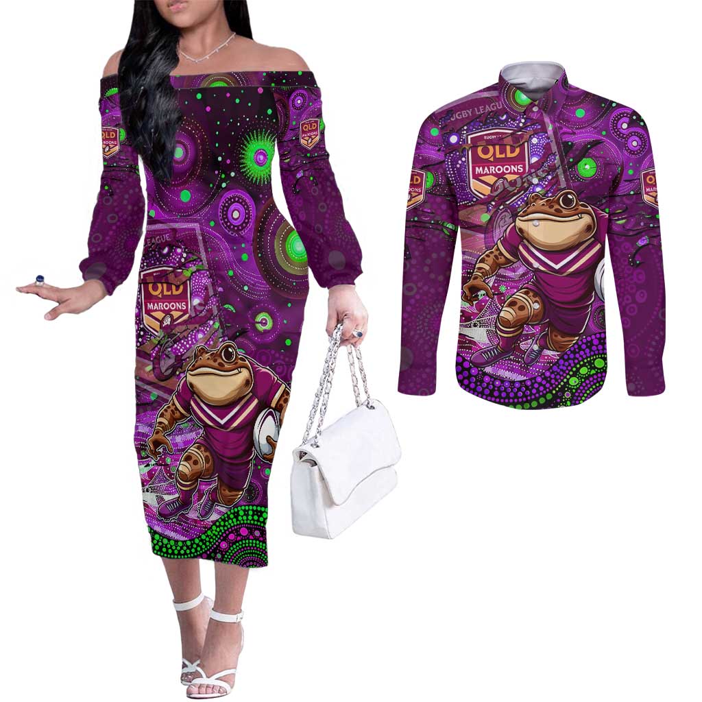 Personalised Mascot Queensland Maroons Rugby Couples Matching Off The Shoulder Long Sleeve Dress and Long Sleeve Button Shirt Aboriginal Galaxy