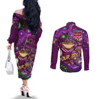 Personalised Mascot Queensland Maroons Rugby Couples Matching Off The Shoulder Long Sleeve Dress and Long Sleeve Button Shirt Aboriginal Galaxy