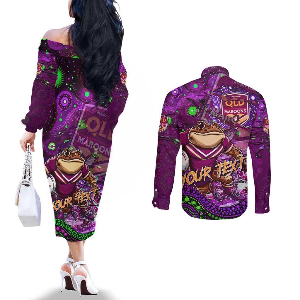 Personalised Mascot Queensland Maroons Rugby Couples Matching Off The Shoulder Long Sleeve Dress and Long Sleeve Button Shirt Aboriginal Galaxy