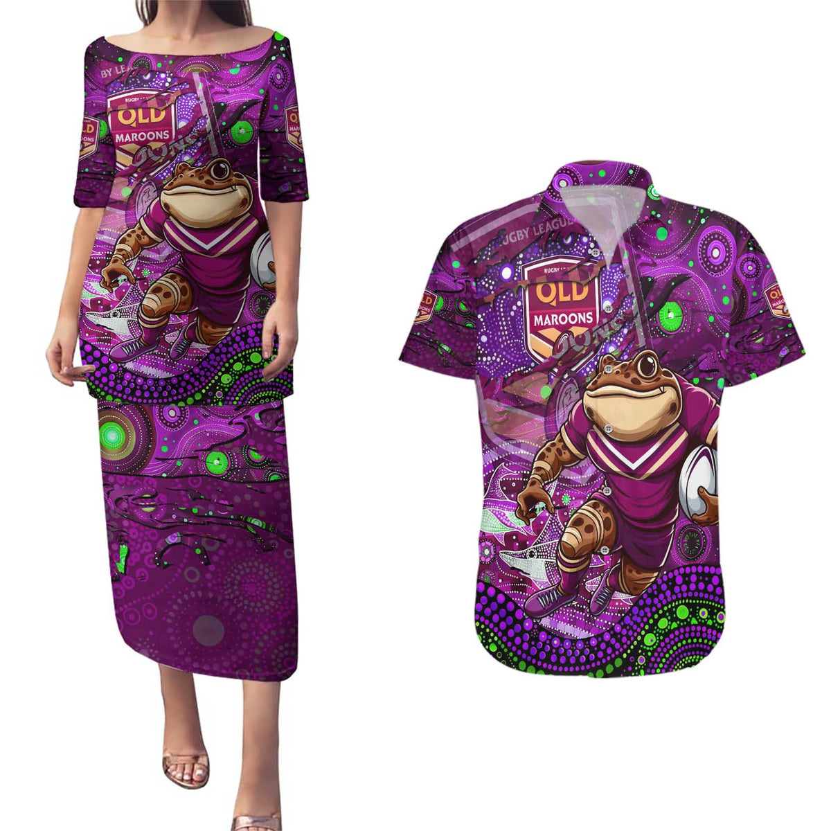 Personalised Mascot Queensland Maroons Rugby Couples Matching Puletasi and Hawaiian Shirt Aboriginal Galaxy