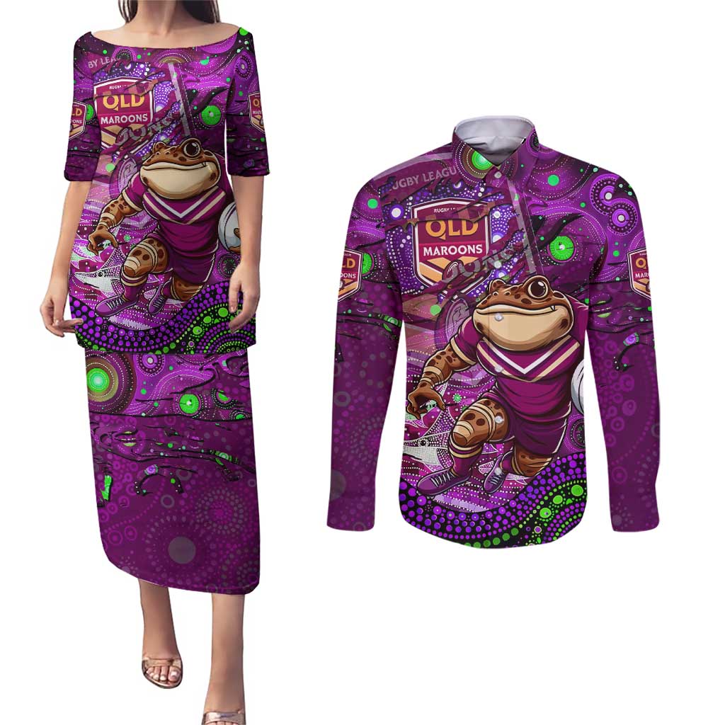 Personalised Mascot Queensland Maroons Rugby Couples Matching Puletasi and Long Sleeve Button Shirt Aboriginal Galaxy