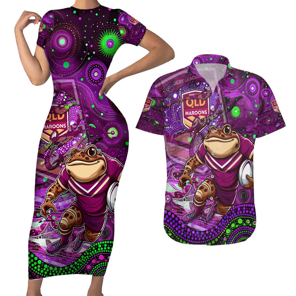 Personalised Mascot Queensland Maroons Rugby Couples Matching Short Sleeve Bodycon Dress and Hawaiian Shirt Aboriginal Galaxy