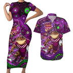 Personalised Mascot Queensland Maroons Rugby Couples Matching Short Sleeve Bodycon Dress and Hawaiian Shirt Aboriginal Galaxy