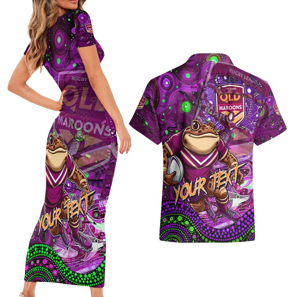 Personalised Mascot Queensland Maroons Rugby Couples Matching Short Sleeve Bodycon Dress and Hawaiian Shirt Aboriginal Galaxy