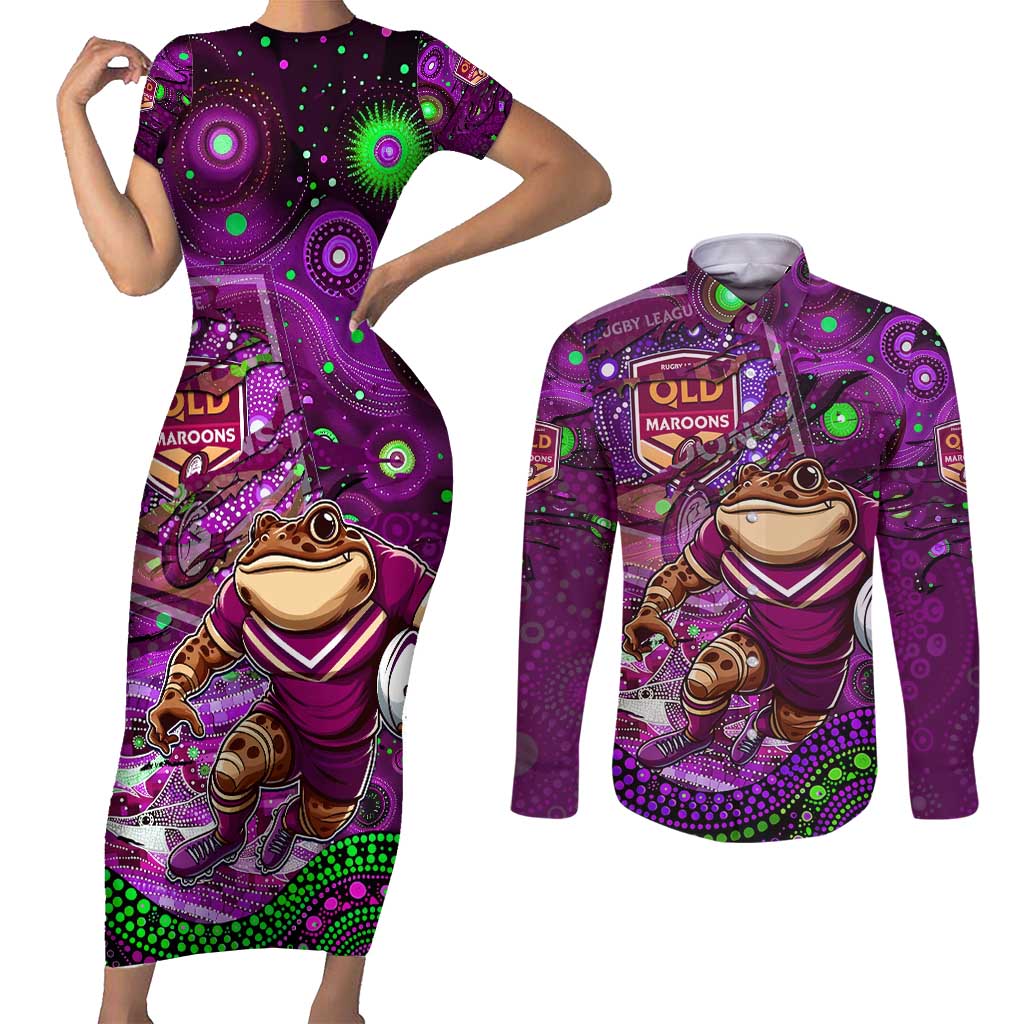 Personalised Mascot Queensland Maroons Rugby Couples Matching Short Sleeve Bodycon Dress and Long Sleeve Button Shirt Aboriginal Galaxy