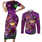 Personalised Mascot Queensland Maroons Rugby Couples Matching Short Sleeve Bodycon Dress and Long Sleeve Button Shirt Aboriginal Galaxy