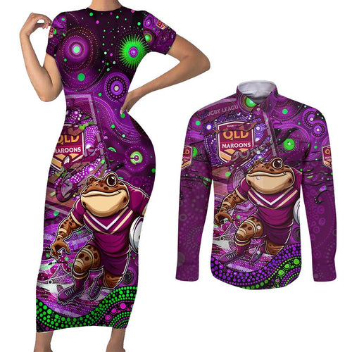 Personalised Mascot Queensland Maroons Rugby Couples Matching Short Sleeve Bodycon Dress and Long Sleeve Button Shirt Aboriginal Galaxy