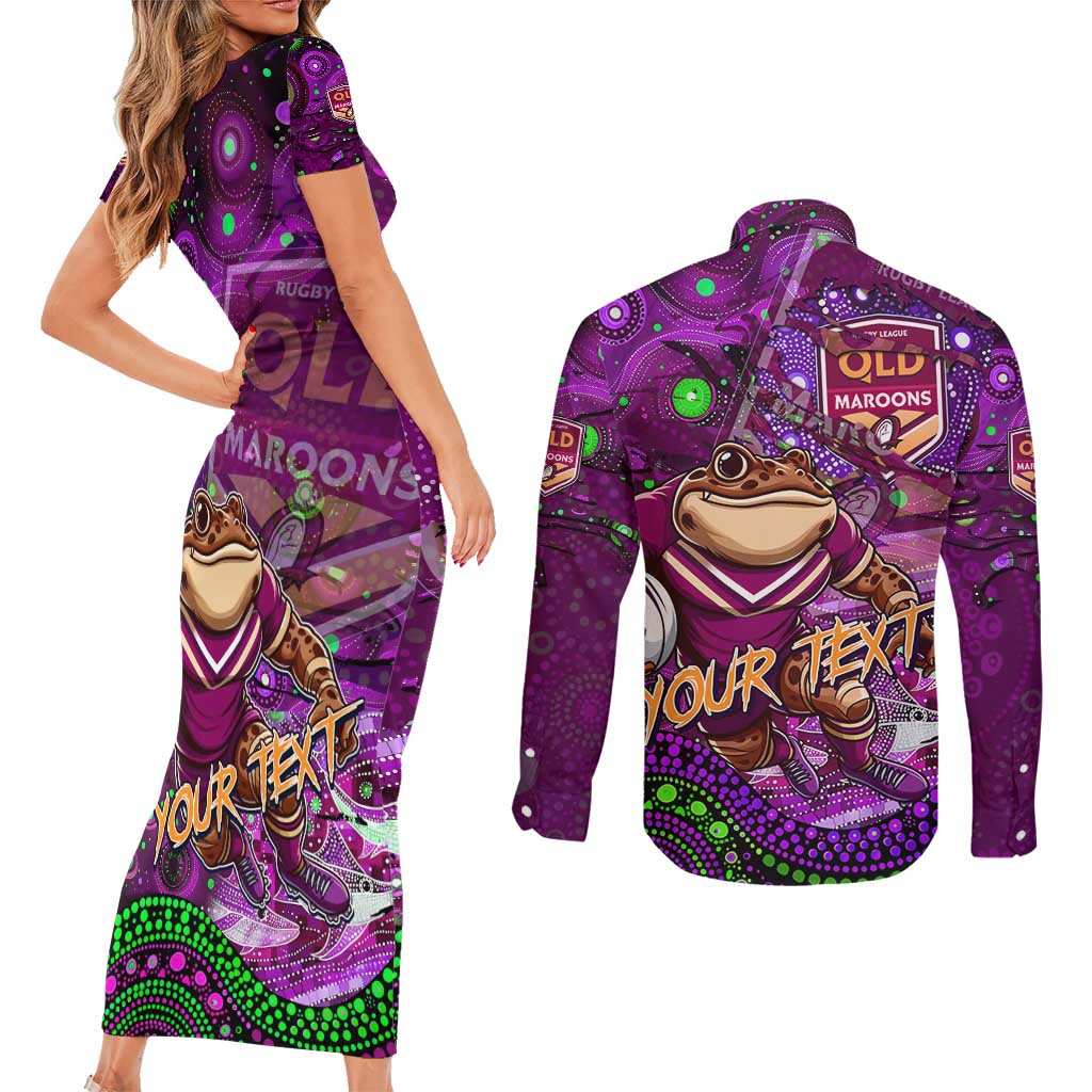 Personalised Mascot Queensland Maroons Rugby Couples Matching Short Sleeve Bodycon Dress and Long Sleeve Button Shirt Aboriginal Galaxy