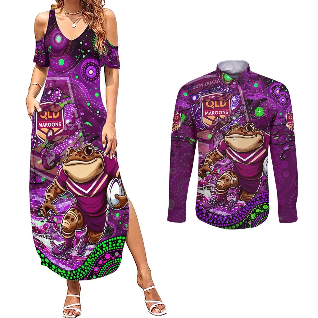 Personalised Mascot Queensland Maroons Rugby Couples Matching Summer Maxi Dress and Long Sleeve Button Shirt Aboriginal Galaxy