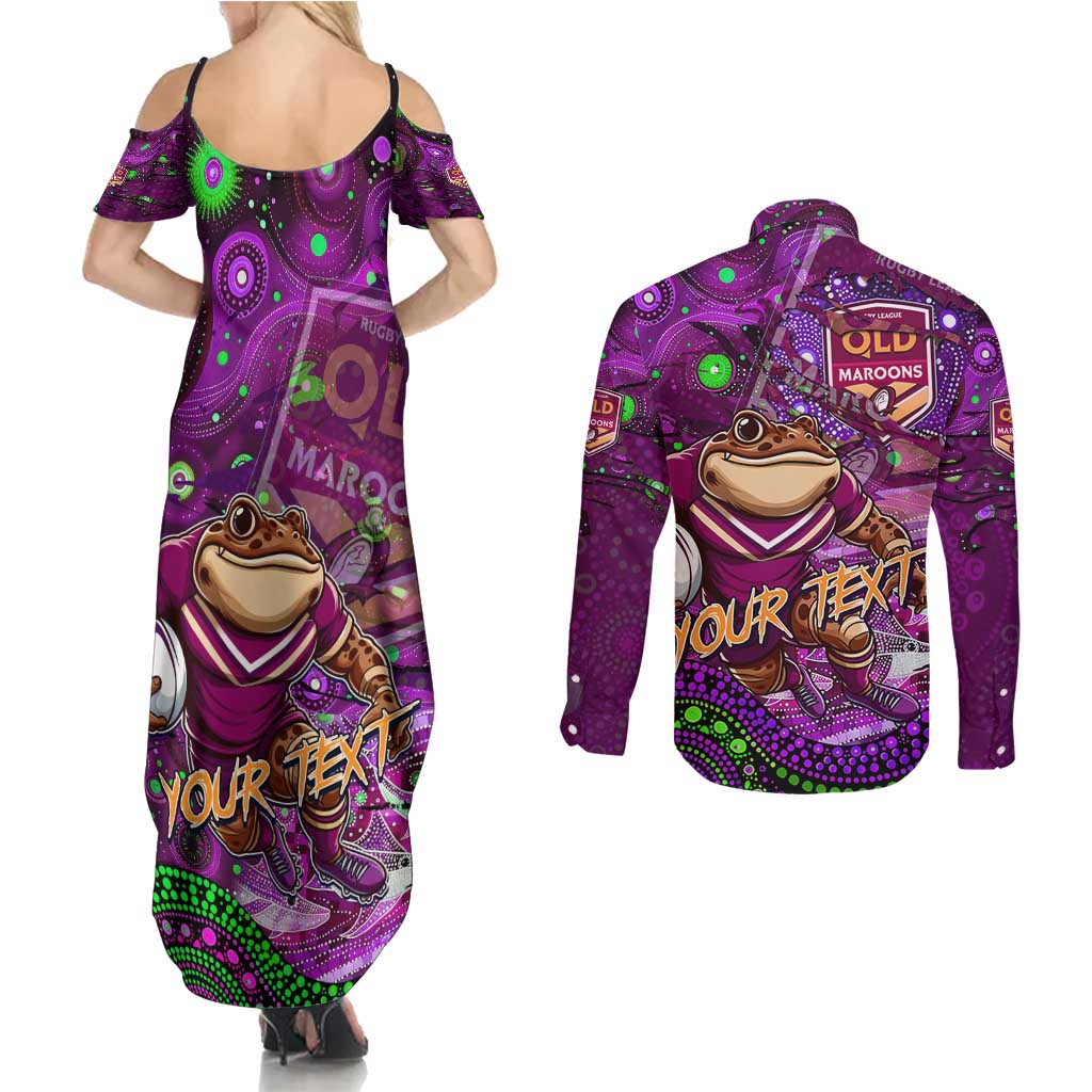 Personalised Mascot Queensland Maroons Rugby Couples Matching Summer Maxi Dress and Long Sleeve Button Shirt Aboriginal Galaxy