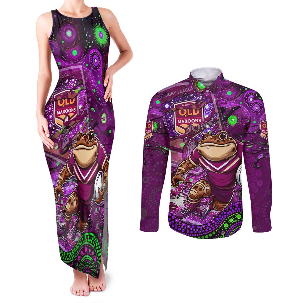 Personalised Mascot Queensland Maroons Rugby Couples Matching Tank Maxi Dress and Long Sleeve Button Shirt Aboriginal Galaxy