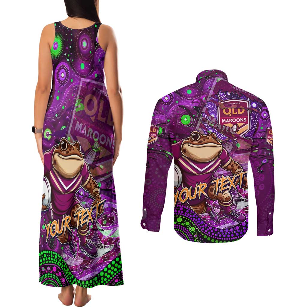 Personalised Mascot Queensland Maroons Rugby Couples Matching Tank Maxi Dress and Long Sleeve Button Shirt Aboriginal Galaxy