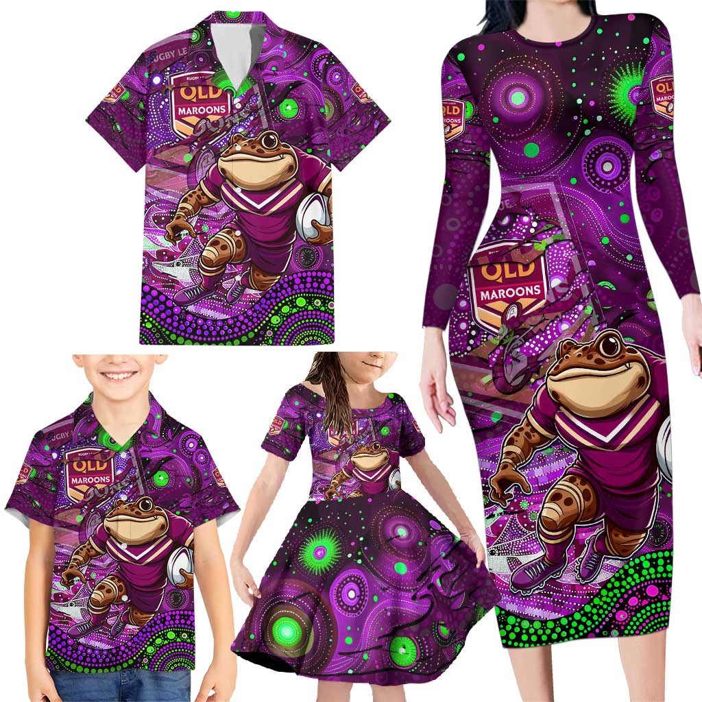 Personalised Mascot Queensland Maroons Rugby Family Matching Long Sleeve Bodycon Dress and Hawaiian Shirt Aboriginal Galaxy