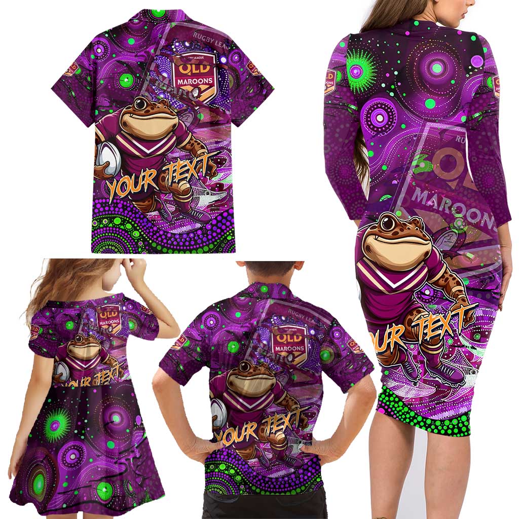 Personalised Mascot Queensland Maroons Rugby Family Matching Long Sleeve Bodycon Dress and Hawaiian Shirt Aboriginal Galaxy