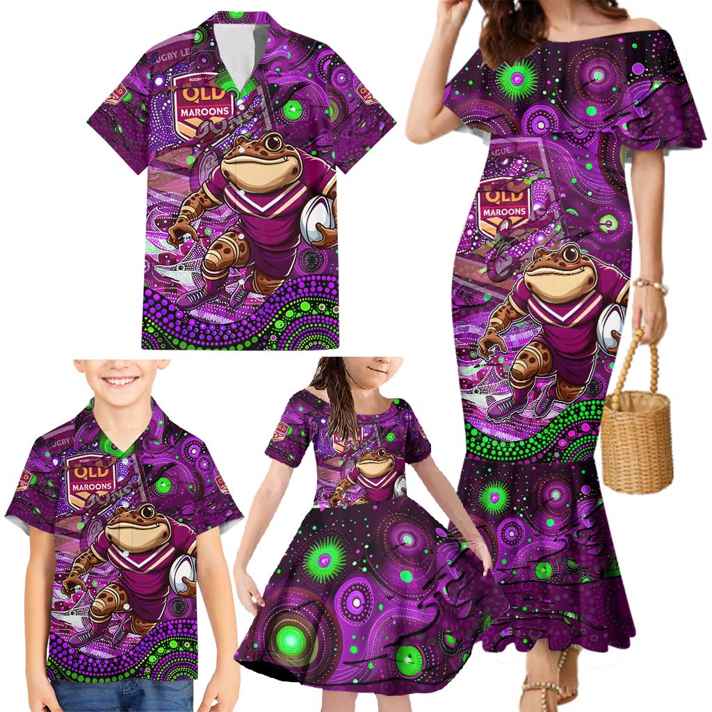 Personalised Mascot Queensland Maroons Rugby Family Matching Mermaid Dress and Hawaiian Shirt Aboriginal Galaxy