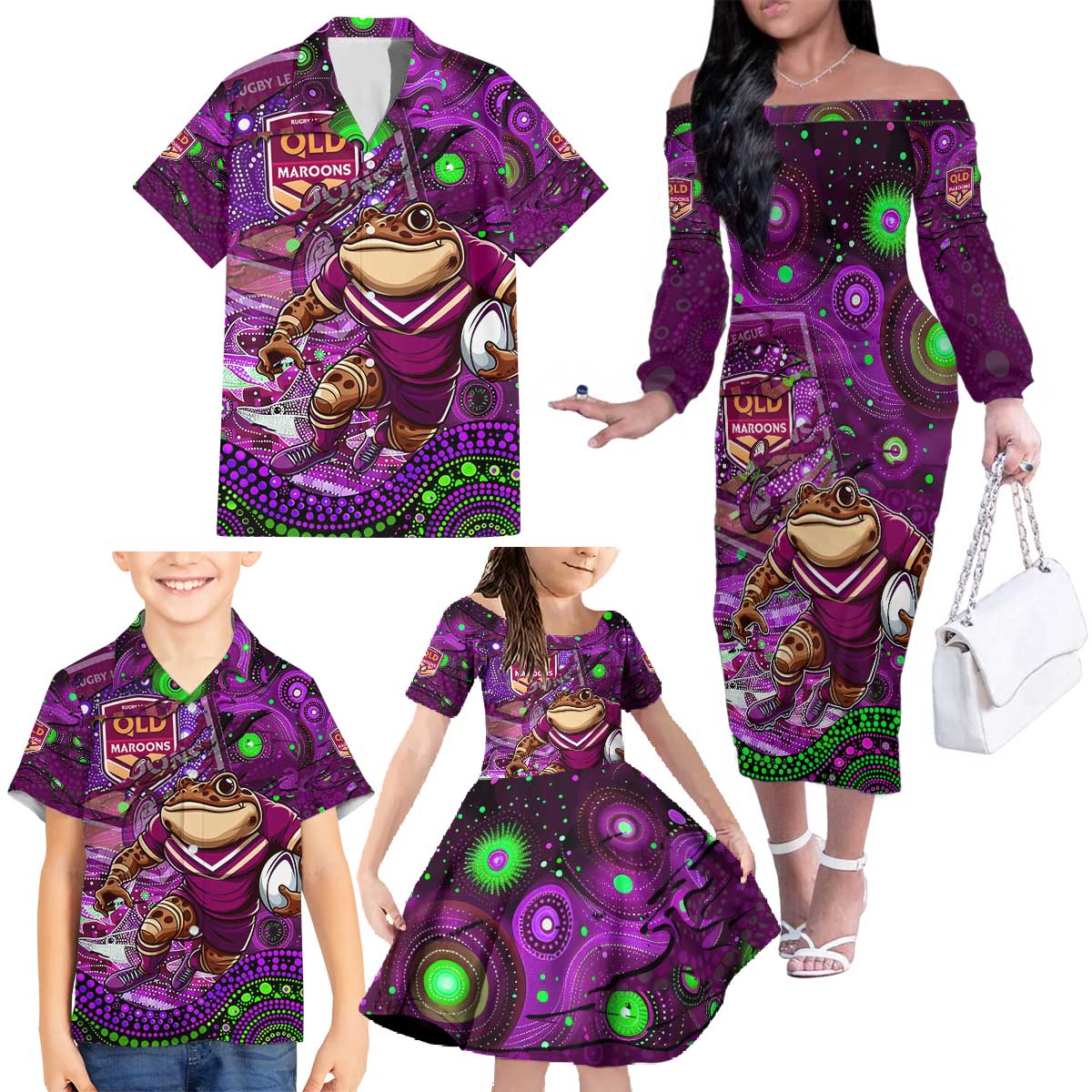 Personalised Mascot Queensland Maroons Rugby Family Matching Off The Shoulder Long Sleeve Dress and Hawaiian Shirt Aboriginal Galaxy