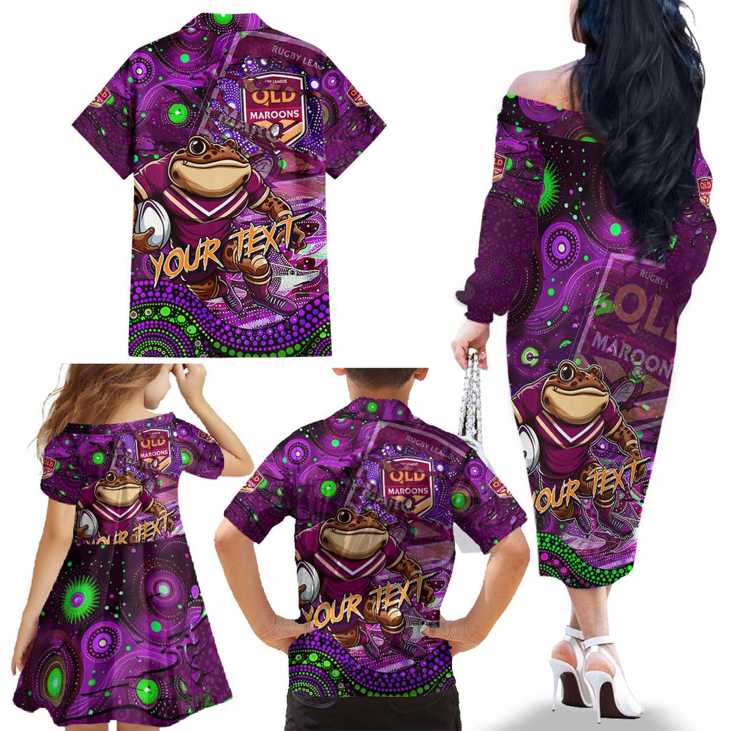 Personalised Mascot Queensland Maroons Rugby Family Matching Off The Shoulder Long Sleeve Dress and Hawaiian Shirt Aboriginal Galaxy