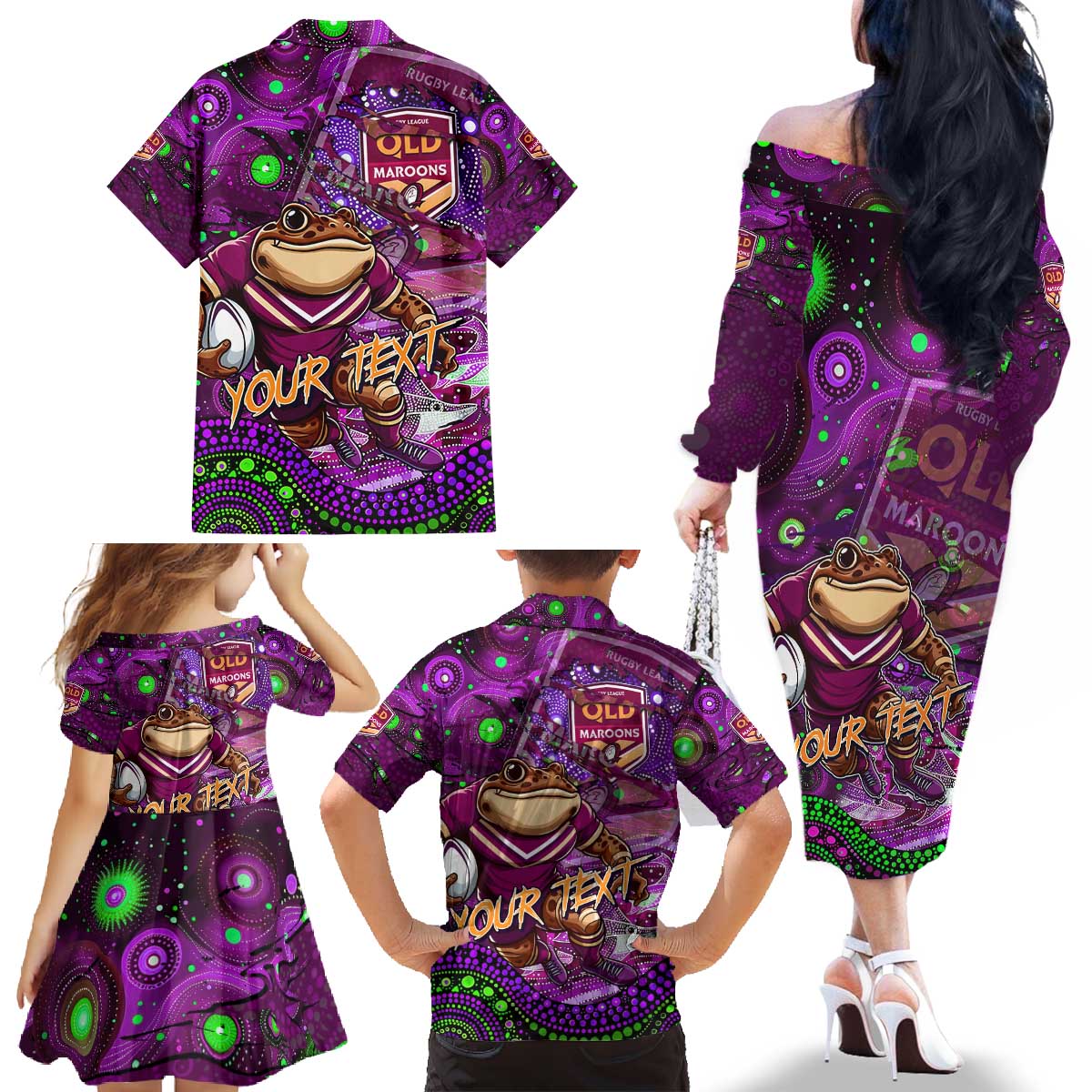 Personalised Mascot Queensland Maroons Rugby Family Matching Off The Shoulder Long Sleeve Dress and Hawaiian Shirt Aboriginal Galaxy