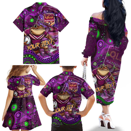 Personalised Mascot Queensland Maroons Rugby Family Matching Off The Shoulder Long Sleeve Dress and Hawaiian Shirt Aboriginal Galaxy