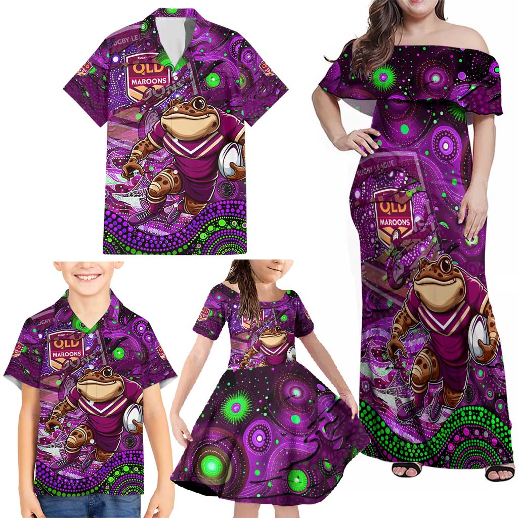 Personalised Mascot Queensland Maroons Rugby Family Matching Off Shoulder Maxi Dress and Hawaiian Shirt Aboriginal Galaxy