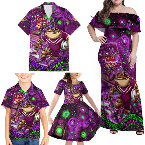 Personalised Mascot Queensland Maroons Rugby Family Matching Off Shoulder Maxi Dress and Hawaiian Shirt Aboriginal Galaxy