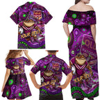 Personalised Mascot Queensland Maroons Rugby Family Matching Off Shoulder Maxi Dress and Hawaiian Shirt Aboriginal Galaxy
