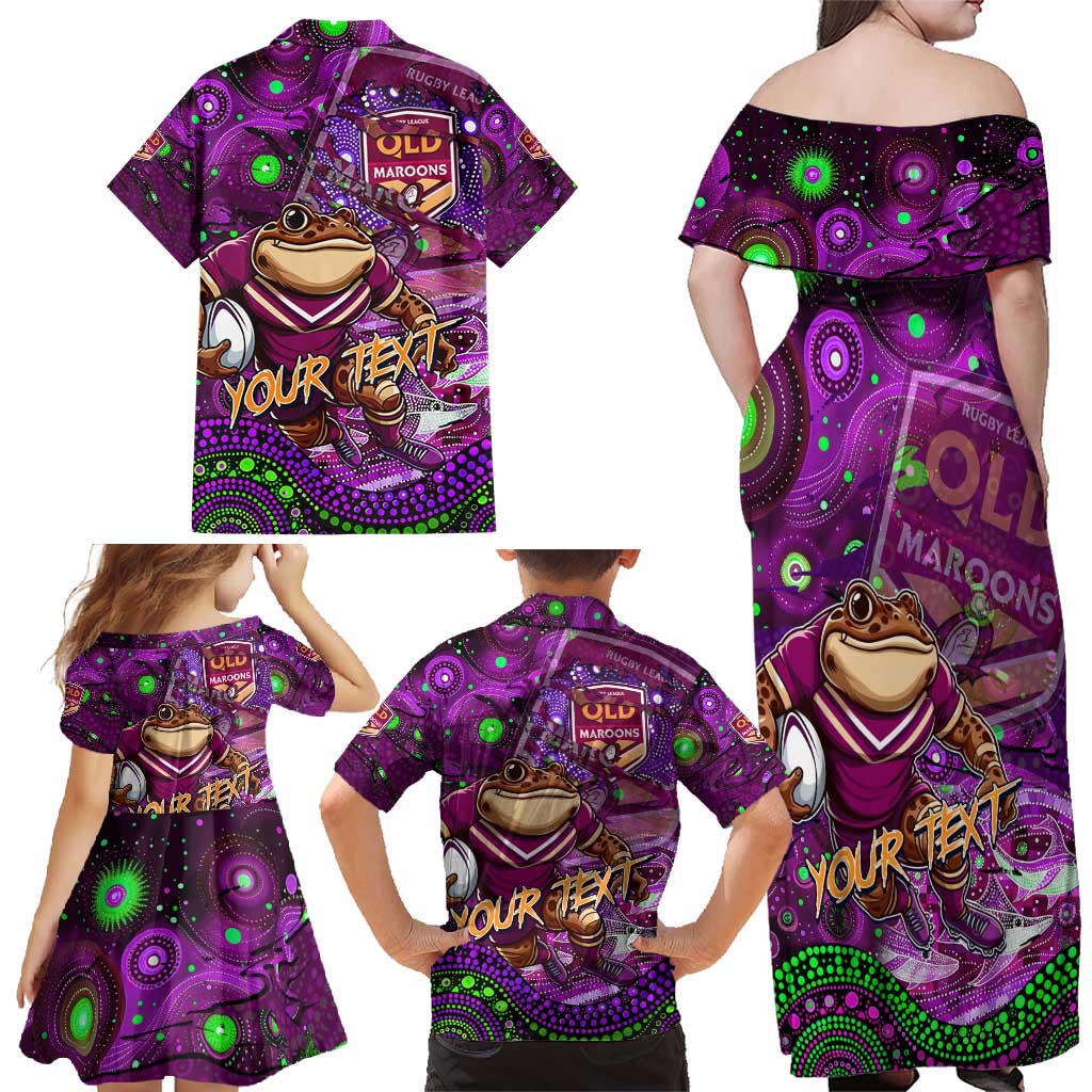 Personalised Mascot Queensland Maroons Rugby Family Matching Off Shoulder Maxi Dress and Hawaiian Shirt Aboriginal Galaxy