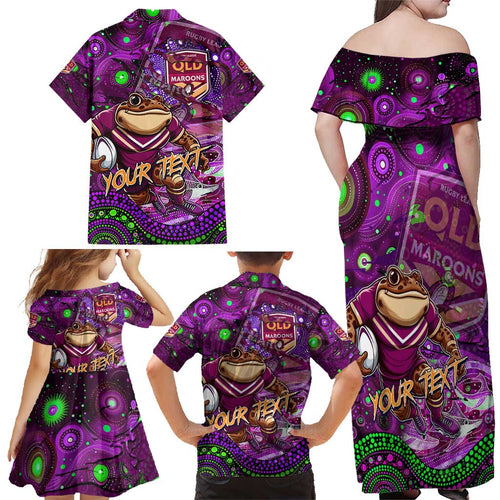 Personalised Mascot Queensland Maroons Rugby Family Matching Off Shoulder Maxi Dress and Hawaiian Shirt Aboriginal Galaxy