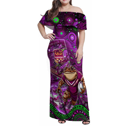 Personalised Mascot Queensland Maroons Rugby Family Matching Off Shoulder Maxi Dress and Hawaiian Shirt Aboriginal Galaxy