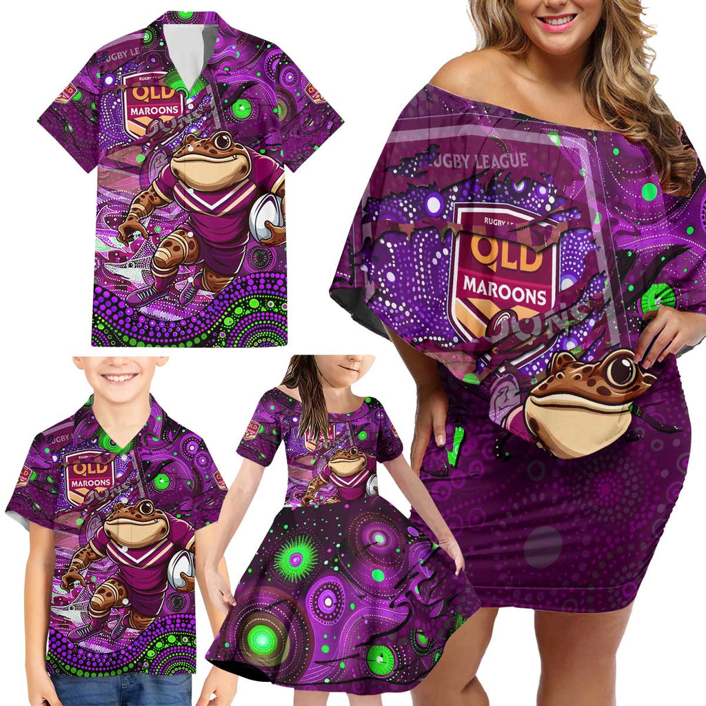 Personalised Mascot Queensland Maroons Rugby Family Matching Off Shoulder Short Dress and Hawaiian Shirt Aboriginal Galaxy