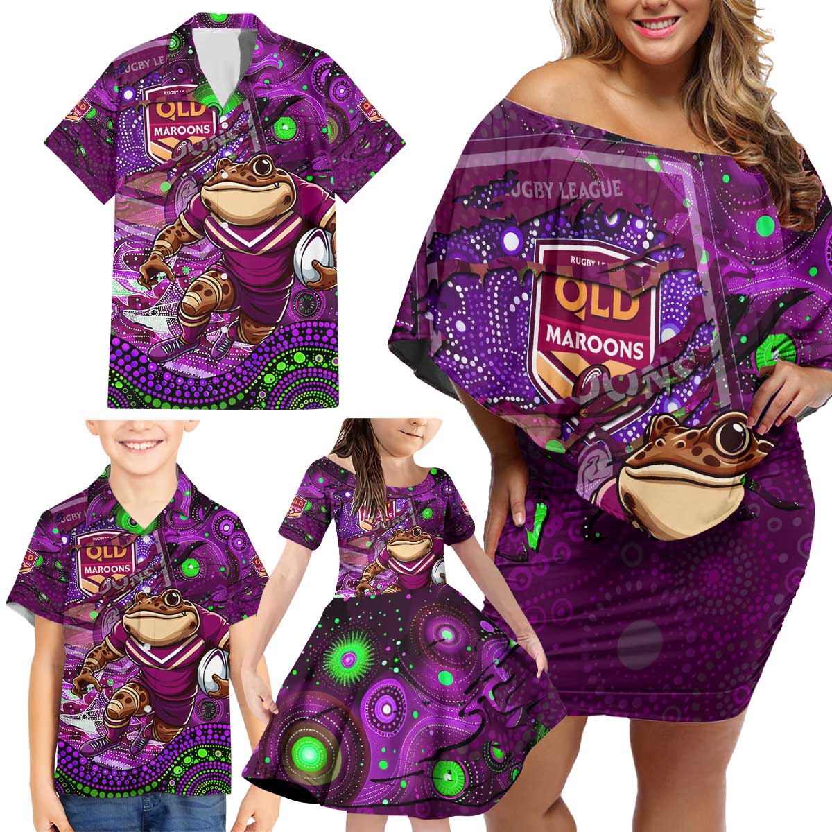 Personalised Mascot Queensland Maroons Rugby Family Matching Off Shoulder Short Dress and Hawaiian Shirt Aboriginal Galaxy