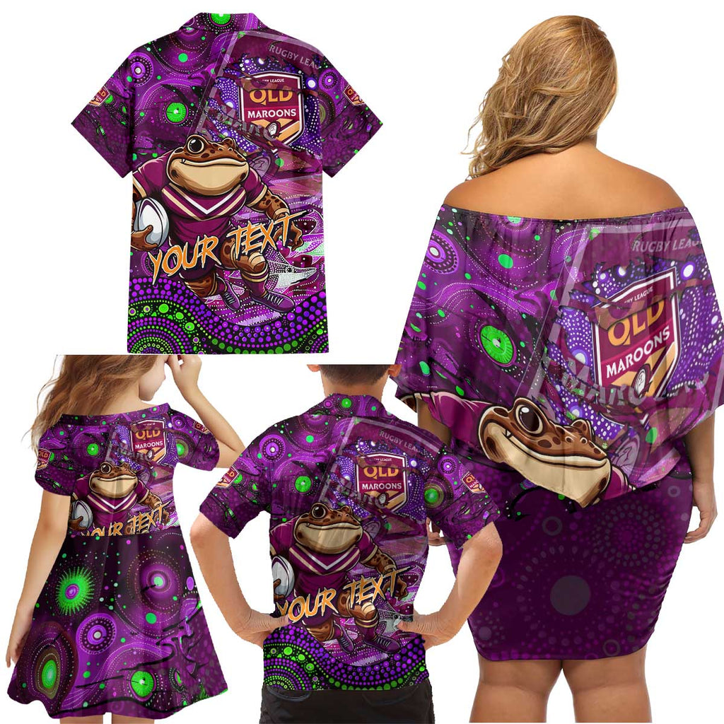 Personalised Mascot Queensland Maroons Rugby Family Matching Off Shoulder Short Dress and Hawaiian Shirt Aboriginal Galaxy