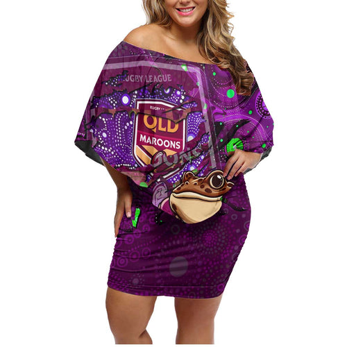 Personalised Mascot Queensland Maroons Rugby Family Matching Off Shoulder Short Dress and Hawaiian Shirt Aboriginal Galaxy