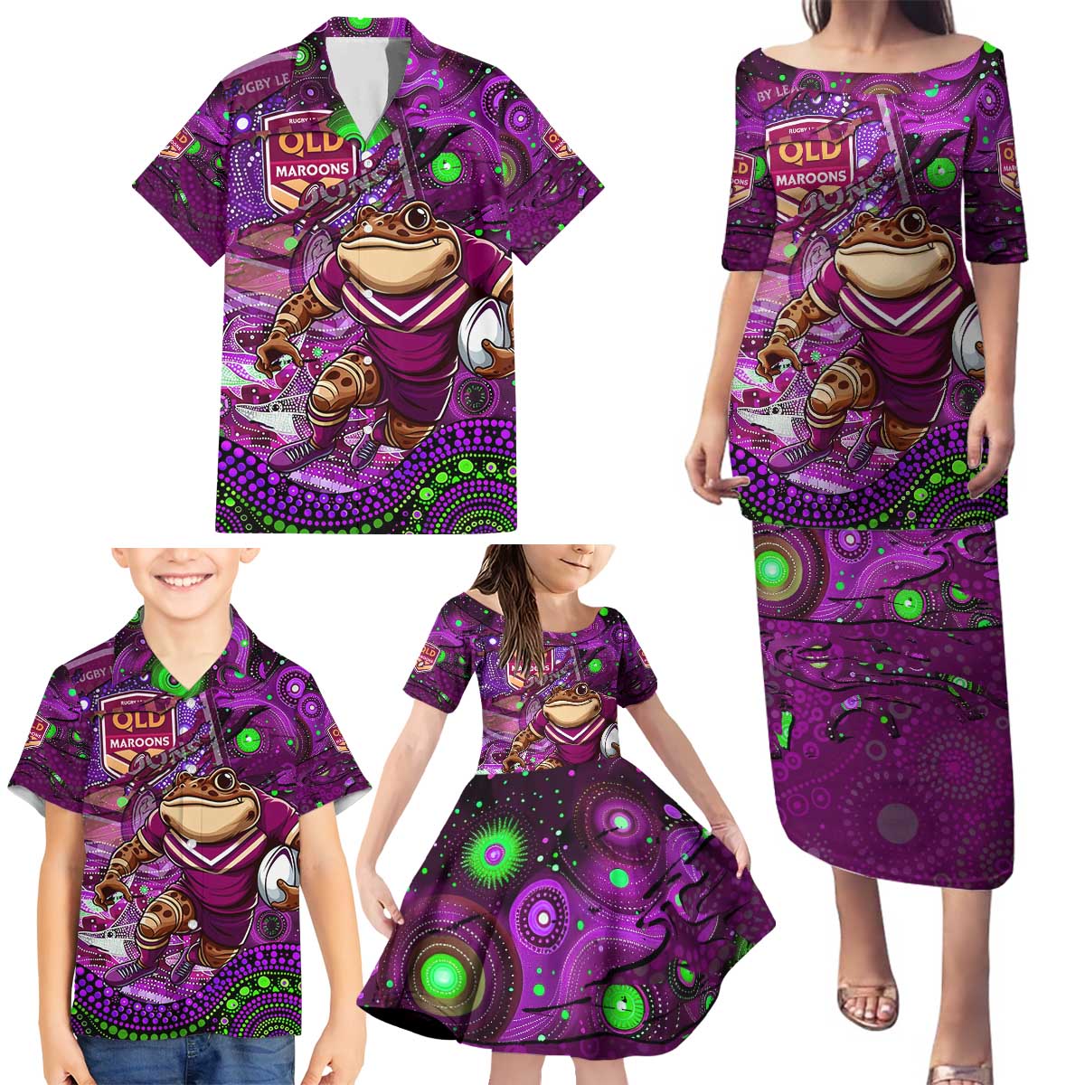 Personalised Mascot Queensland Maroons Rugby Family Matching Puletasi and Hawaiian Shirt Aboriginal Galaxy