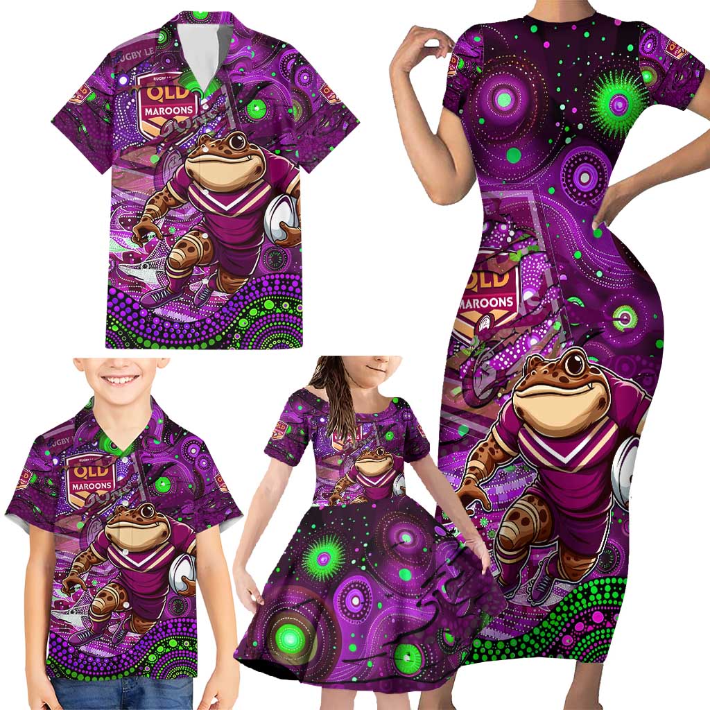 Personalised Mascot Queensland Maroons Rugby Family Matching Short Sleeve Bodycon Dress and Hawaiian Shirt Aboriginal Galaxy