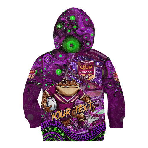 Personalised Mascot Queensland Maroons Rugby Kid Hoodie Aboriginal Galaxy