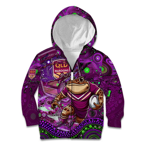 Personalised Mascot Queensland Maroons Rugby Kid Hoodie Aboriginal Galaxy