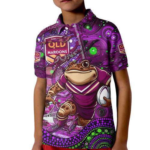 Personalised Mascot Queensland Maroons Rugby Kid Polo Shirt Aboriginal Galaxy