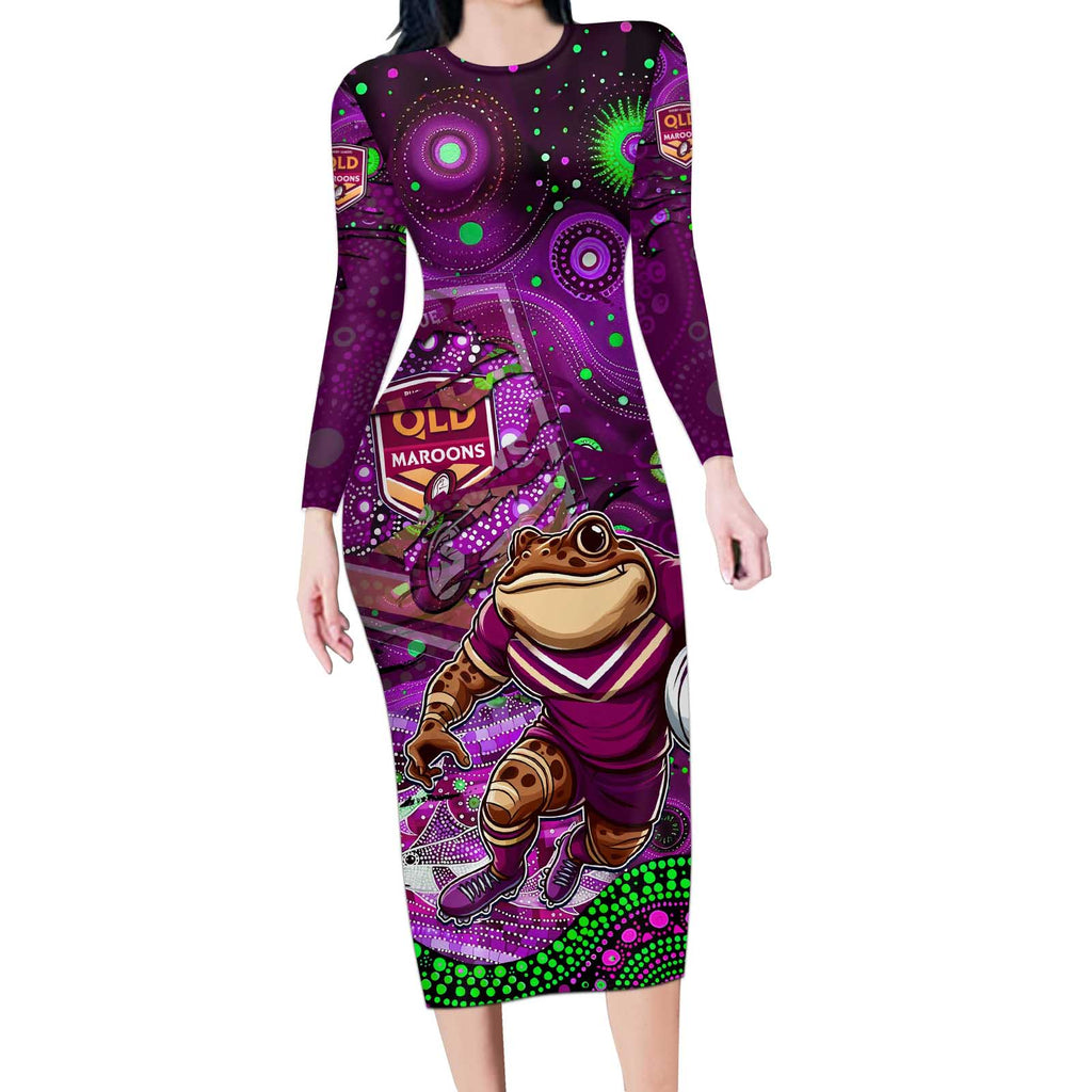 Personalised Mascot Queensland Maroons Rugby Long Sleeve Bodycon Dress Aboriginal Galaxy