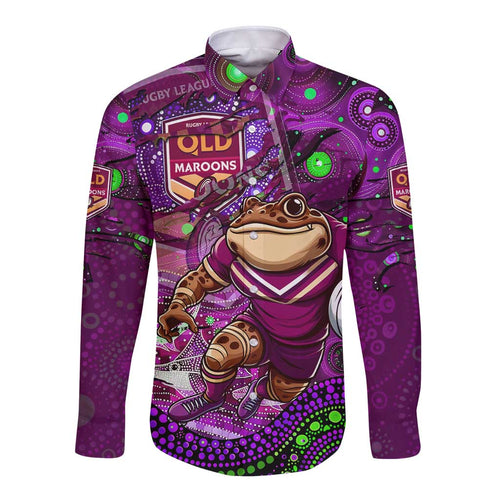 Personalised Mascot Queensland Maroons Rugby Long Sleeve Button Shirt Aboriginal Galaxy