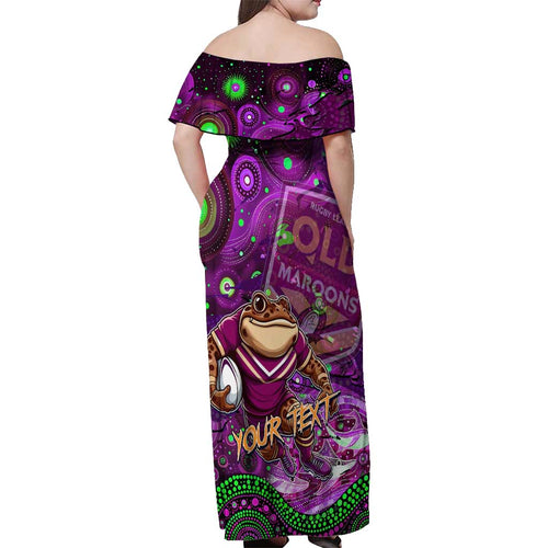 Personalised Mascot Queensland Maroons Rugby Off Shoulder Maxi Dress Aboriginal Galaxy