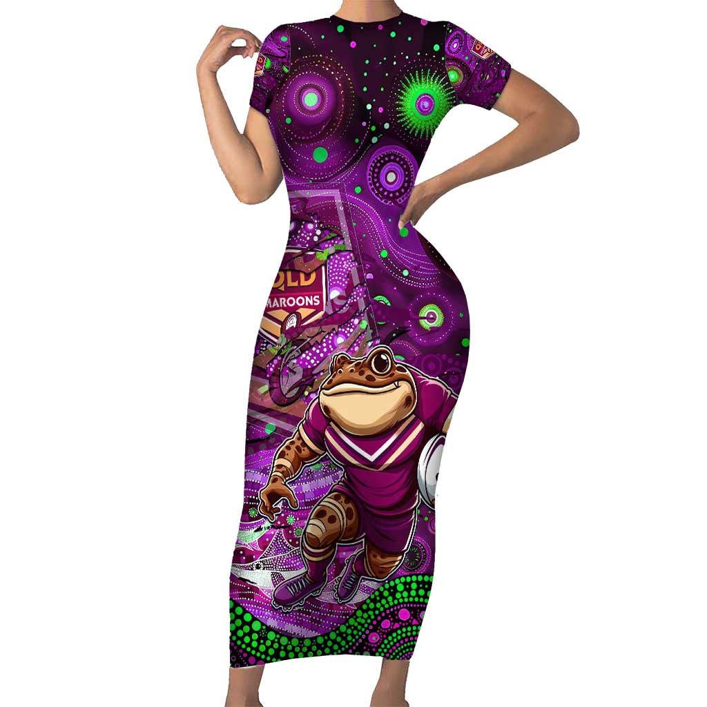 Personalised Mascot Queensland Maroons Rugby Short Sleeve Bodycon Dress Aboriginal Galaxy