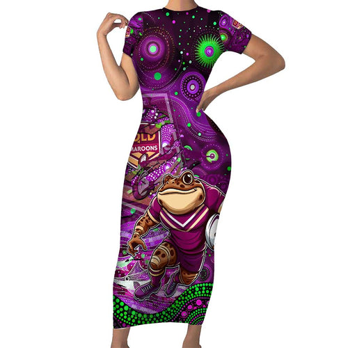 Personalised Mascot Queensland Maroons Rugby Short Sleeve Bodycon Dress Aboriginal Galaxy