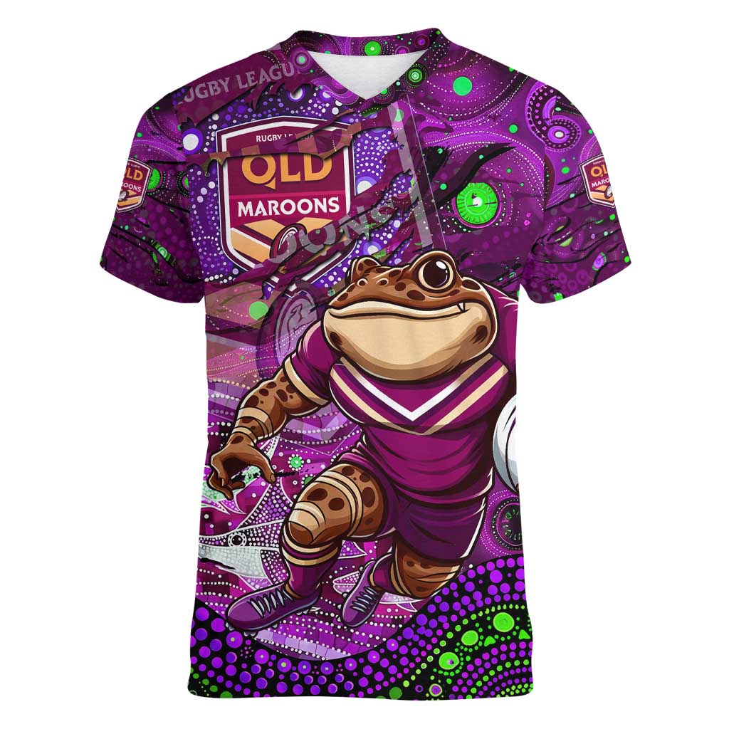Personalised Mascot Queensland Maroons Rugby Women V-Neck T-Shirt Aboriginal Galaxy