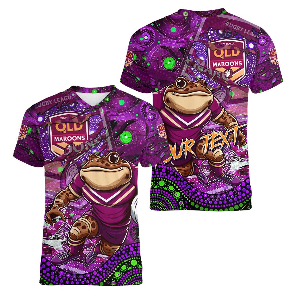 Personalised Mascot Queensland Maroons Rugby Women V-Neck T-Shirt Aboriginal Galaxy