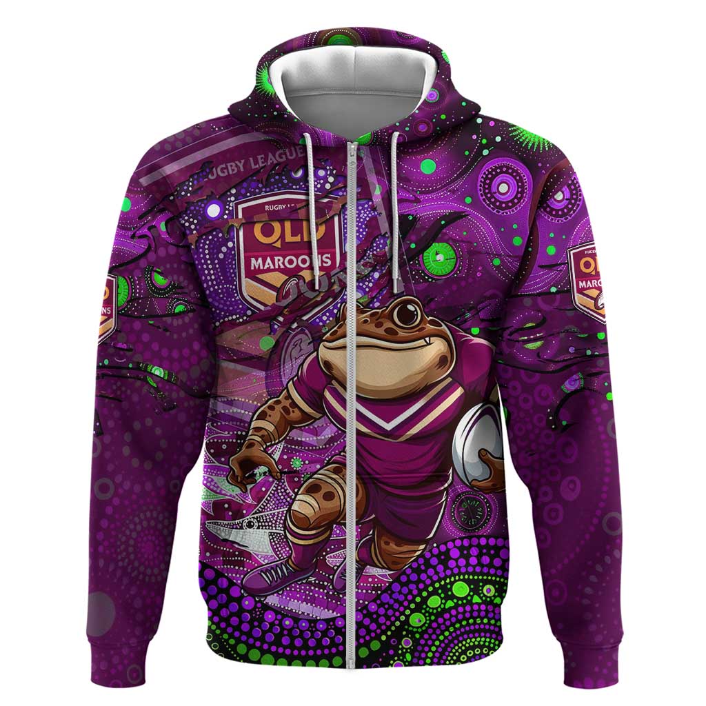 Personalised Mascot Queensland Maroons Rugby Zip Hoodie Aboriginal Galaxy